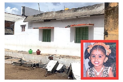A portion of the wall that collapsed claiming the life of Megasri (inset) in Krishnagiri on Sunday