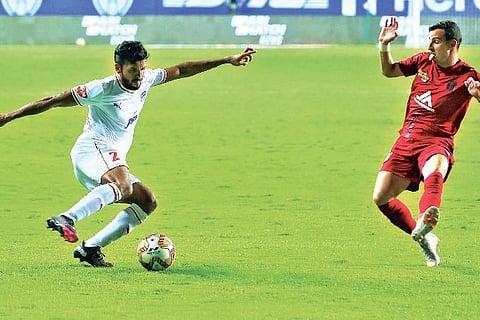 Bengaluru FC defender Rahul Bheke (left) struck the equaliser against NorthEast United FC in Goa