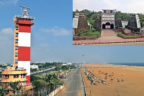 Marina beach (left) and Vandalur zoo (inset) with no crowd on Kaanum Pongal Day