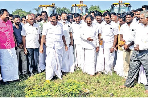 DMK principal secretary KN Nehru launches the work for party conference in Tiruchy on Monday