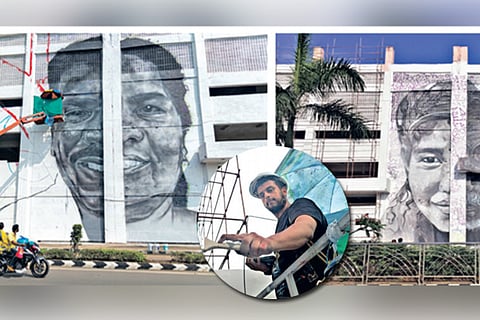 Mural work in progress at Indira Nagar MRTS, (center) A-kill at work