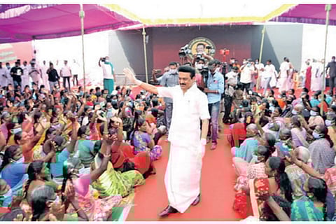 DMK president MK Stalin at a meeting in Theni on Wednesday