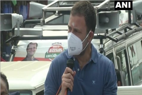 Rahul Gandhi addressing the rally in Erode