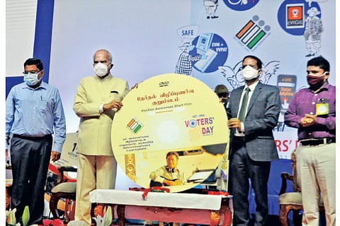 Governor Banwarilal Purohit releasing a voter awareness film on National Voters? Day in Chennai
