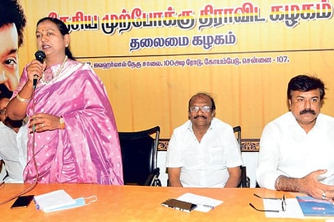 DMDK leader Premalatha Vijayakant addressing party workers.