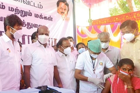 A woman being inoculated at the camp in Cuddalore