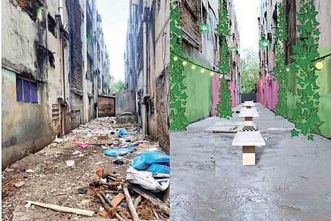 Corridor before cleaning; (r) its proposed look after work