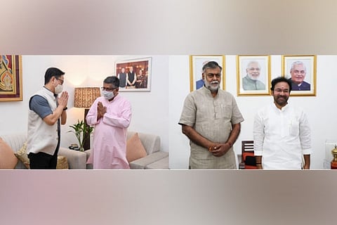 Kiren Rijiju met Ravi Shankar Prasad (Left), Prahlad Patel with G Kishan Reddy (right) (Photo/ANI)