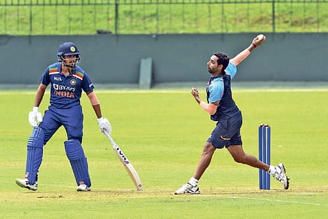 India team vice-captain Bhuvneshwar Kumar bowls during an intra-squad match in Colombo
