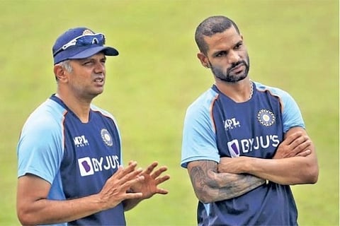 India captain for Sri Lanka tour Shikhar Dhawan (right) has a chat with head coach Rahul Dravid