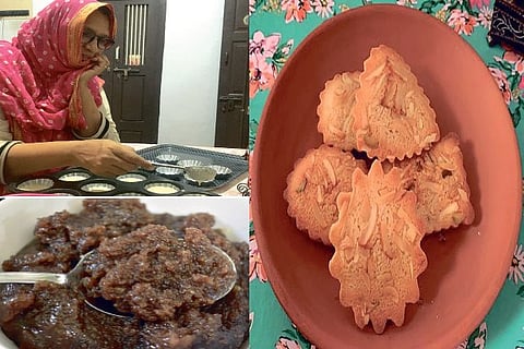 (From Clockwise) A baker making dhammadai; dhammadai; Kayam