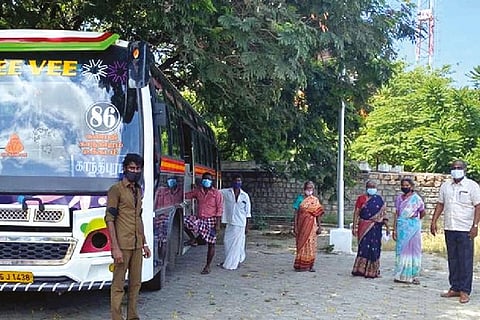 The bus stationed at CODISSIA to offer free service for COVID-19 recovered patients in Coimbatore.