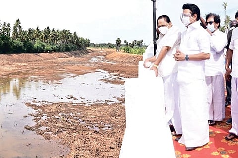 Chief Minister MK Stalin inspecting the desilting works at Pulivalam canal