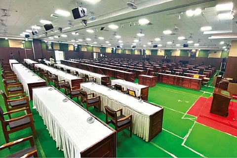 Kalaivanar Arangam being readied ahead of the Assembly session on Monday