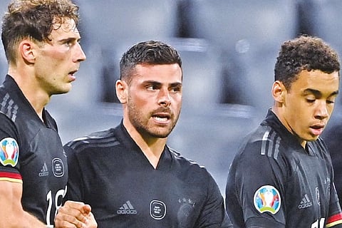 Germany players celebrate the equalising goal against Hungary