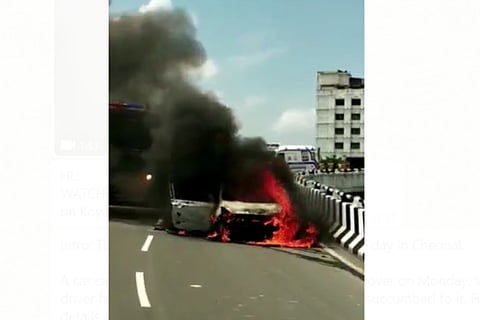 WATCH: Car catches fire on Koyambedu flyover, one dead another hurt