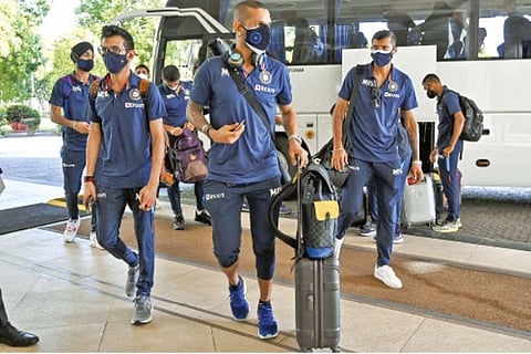 India captain for Sri Lanka tour Shikhar Dhawan arrives at a Colombo hotel along with teammates