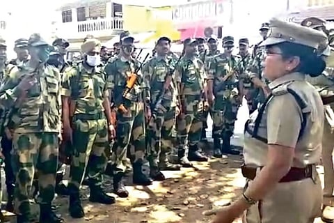 Kancheepuram police conducted a flag march on Monday