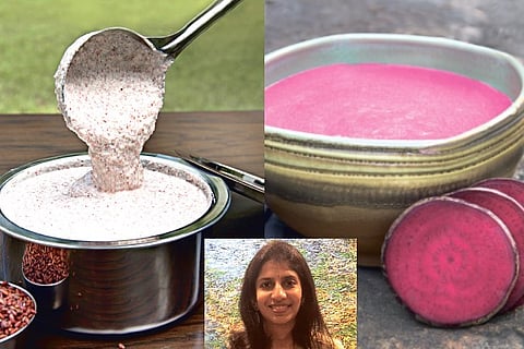 Mapillai champa ragi batter, Thooyamalli beetroot batter. (inset) Deepa