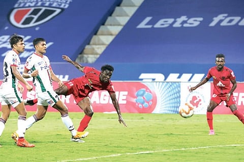 Super substitute Idrissa Sylla scores the leveller for NEUFC against ATKMB.