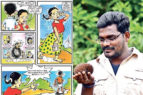 (Left) From the book, (Right) Brawin Kumar holding a Madras Hedgehog
