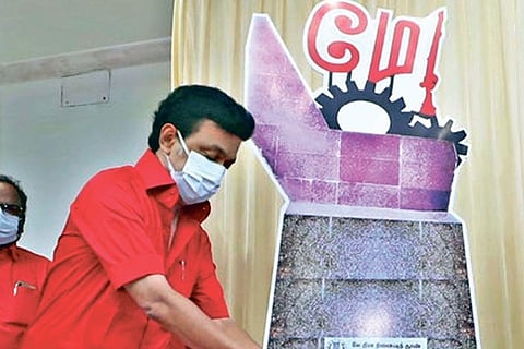 DMK president Stalin paying respects during May Day event in Chennai on Saturday