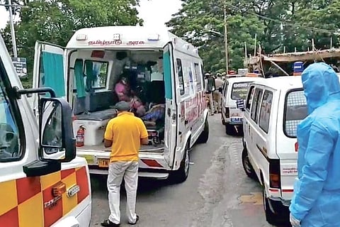 Line of ambulances and patients outside the Salem GH on Tuesday