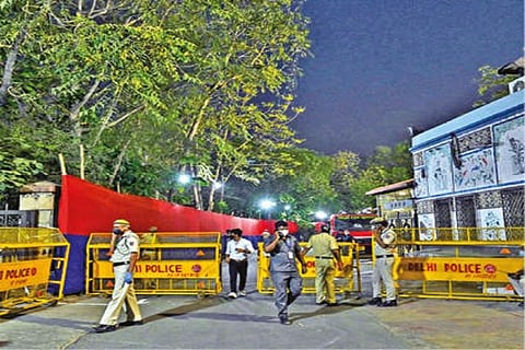 Policemen on duty at the Feroz Shah Kotla Ground in New Delhi