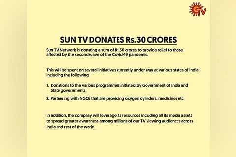 Sun TV donates 30 crore for Covid-affected