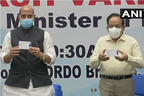Source: ANI;Defence Minister Rajnath Singh and Health Minister Vardhan released the first batch 2-DG