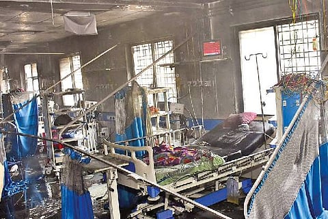 Charred remains at the ICU of Civil Hospital after the fire broke out.