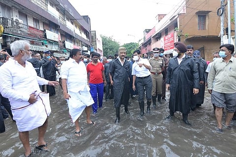 Tamil Nadu Chief Minister MK Stalin and Ministers Sekar Babu and KN Nehru inspecting floods roads