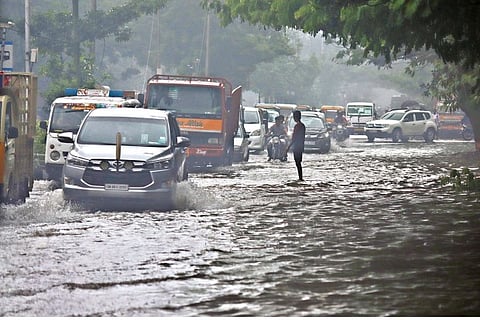 The waterlogged GN Chetty Road, Chennai, after the heavy downpour on Sunday