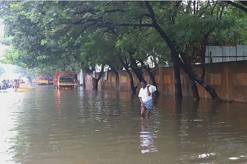 A man walking on the flooded streets of K.K.Nagar, Chennai (Photo: Justin)