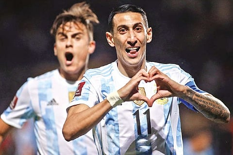 Argentina?s Angel Di Maria celebrates after scoring against Uruguay