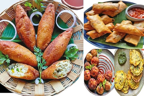(From clockwise) Panner Bread Rolls, Tofu Carrot Spring Rolls, Bhabra, Gopi Paniyaram
