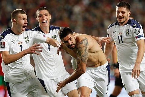 Serbia's Aleksandar Mitrovic celebrates scoring their second goal (Image credit: Reuters)