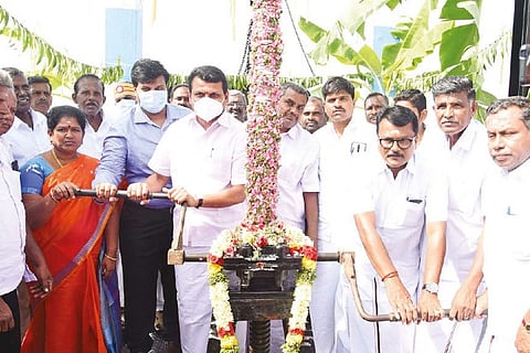 Electricity Minister V Senthilbalaji opening the Aathupalayam dam in Karur on Monday