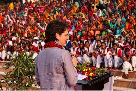 Congress Leader Priyanka Gandhi Vadra addressing a women gathering in Chitrakoot, Uttar Pradesh