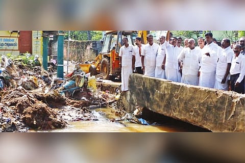 BJP state president K Annamalai inspecting a flooded canal in Nagercoil on Wednesday