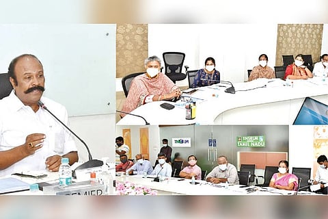 KR Peryikaruppan speaking at a review meeting of women SHGs in Chennai on Saturday