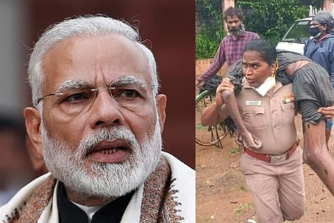 PM Modi (Left) Rajeshwari carrying a man(Right)