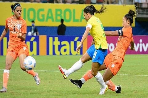 India women's football team in action against Brazil (Image Courtesy: ANI)