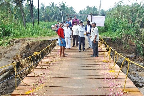The wooden bridge built by residents of Seevur in Vellore district that was inaugurated on Friday