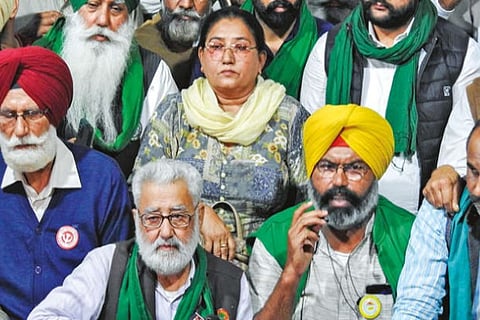 Farmer leaders address a press conference at the Singhu border on Saturday