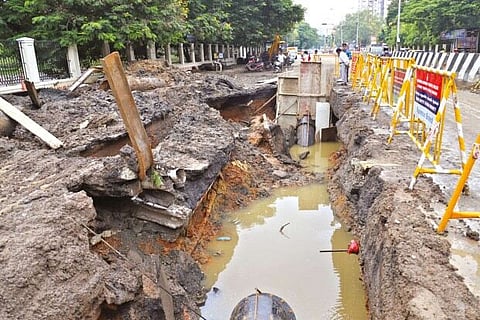 The dug up Poonamallee High (PH) Road at Vepery near Egmore
