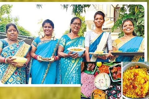A group of Tamil refugee women; (top) and a platter of Sri Lankan dishes