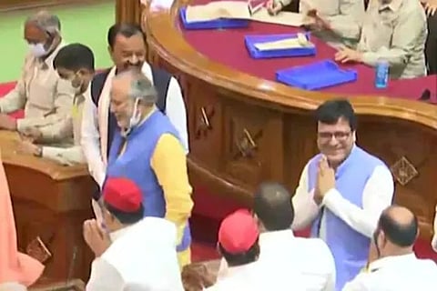 Nitin Agarwal greeting his colleagues at the UP assembly after being elected as Deputy Speaker (ANI)