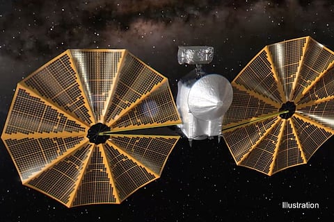 An artist's illustration of the Lucy spacecraft. (Image credit: NASA)
