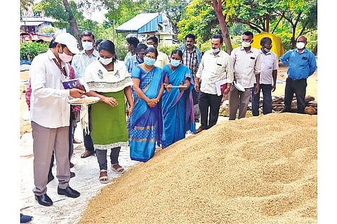File Image of the Central team members inspect paddy at a DPC in Thanjavur&nbsp;